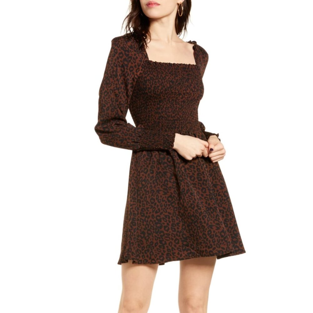 BP Long Sleeve Smocked Leopard Dress